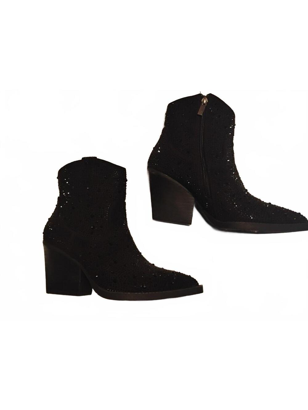 Garen Black Rhinestone Western Cowboy Ankle Boots Size 8 Bling Pointed Toe